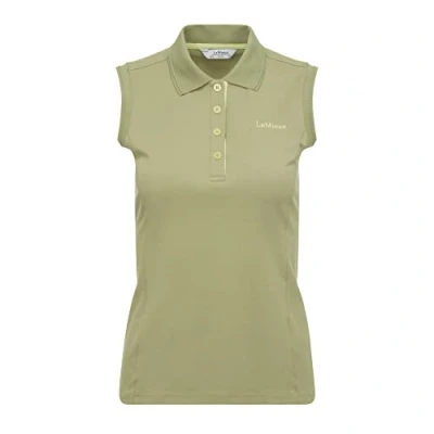 Image of LeMieux Sleeveless Polo Shirt in Moss Flattering Slim Fit Button Up Activewear Women&#039;s Top Quick Dry Fabric Vented Hem UK 8