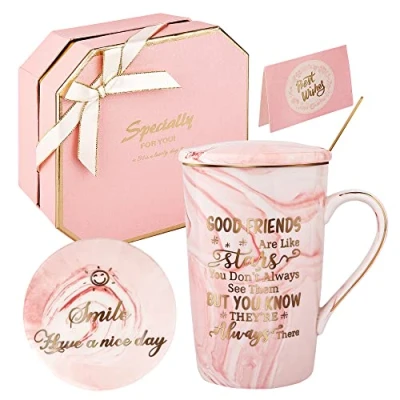 Image of Best Friend Birthday Gifts for Women Good Friends are Like Stars Mug Friendship Ideas Her, Friends,Female, Sister Ceramic Marble Coffee Box 14oz Pink