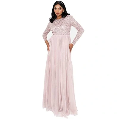 Image of Maya Deluxe Women&#039;s berry embellishment long sleeve bridesmaid maxi dress, frosted pink, 24