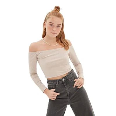 Image of Trendyol Women Young Regular Basic Carmen Collar Knit Blouse Stone
