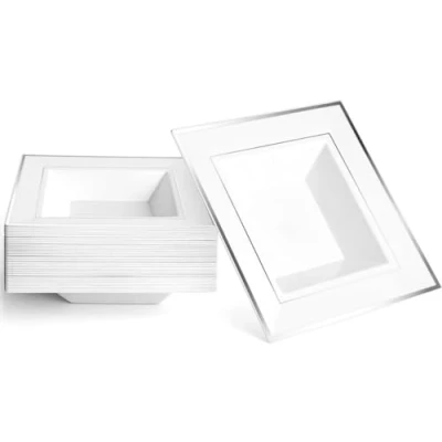 Image of MATANA 20 Premium White Square Plastic Bowls with Silver Rim, 360ml Sturdy &amp; Reusable Soup Bowls, Dessert for Weddings, Birthdays, Picnic, Buffet, Catering, Parties