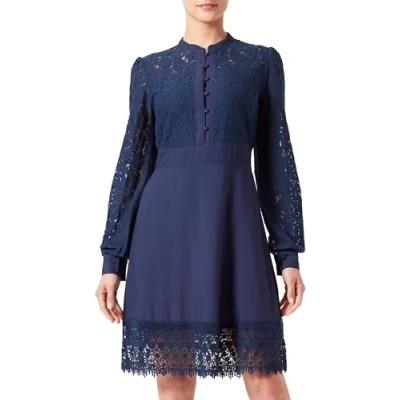 Image of Cream Women&#039;s Knee Length Long Sleeves Lace Buttons Round Neck, Dress Blues, 6