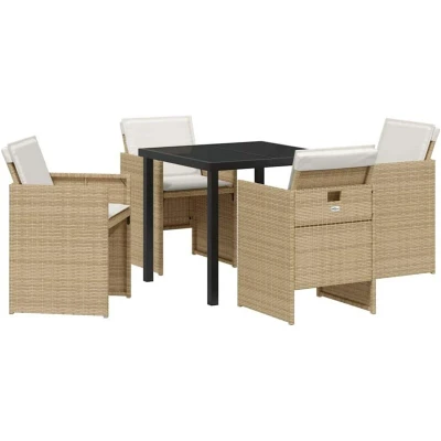 Image of vidaXL 5 Piece Garden Dining Set with Cushions Beige Poly Rattan