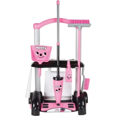 Image of Casdon Henry &amp; Hetty Toys Cleaning Trolley Pink Inspired Toy Playset with Mop, Brushes, Dustpan, Accessories Kids Set For Children Aged 3+