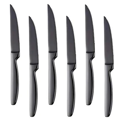 Image of BISDARUN Stainless Steel Serrated Steak Knives Set of 6, Black Coloured Dinner Table Knifes Thick Cutlery for Cutting Meat 8.66 inches (22cm)