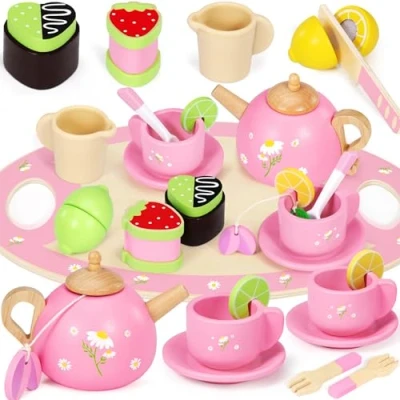 Image of Wooden Tea Set for Toddlers, Kids Toys 2 3 4 5 Year Old Girls Gifts, Montessori Toddler Toys, Party with Play Dessert Tray Teapot