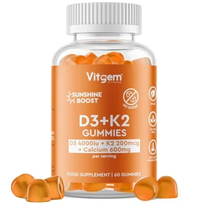 Image of Vitgem 60 Gummies Vitamin D3 4000 IU + K2 200 µg Orange Flavored Gummy for Immune and Bone Health Support High Strength Sunshine D Supplement Vegan, Gluten Free &amp; Sugar