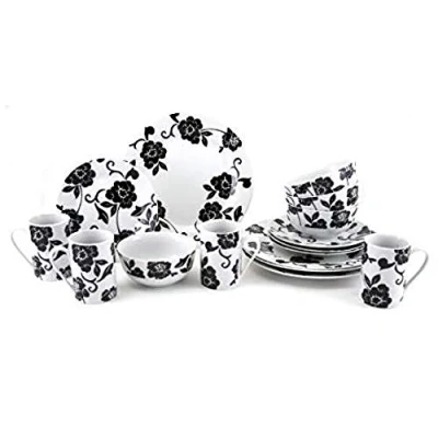 Image of Creative Tops 16 Piece Vivienne Dinner Set, Service for 4 Dinnerware Set with Elegant Design, Pieces, Black &amp; White