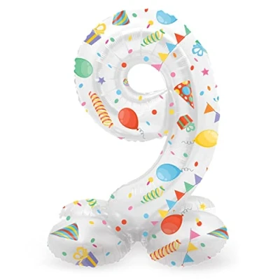 Image of Folat 63969 Standing 9 Joyful Party White with Gifts 72 cm Birthday Decoration, Balloon Number, No Helium Required, Multicoloured, Standard Size
