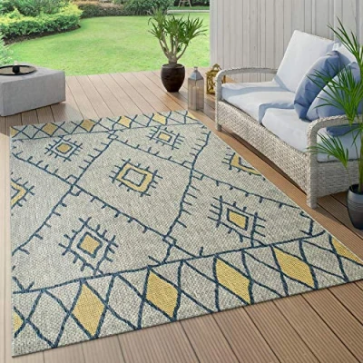 Image of Paco Home Indoor &amp; Outdoor Rug Flat Weave Geometric Abstract Diamond Design Ethnic Blue, Size:80x150 cm