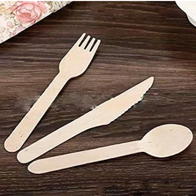 Image of We Can Source It Ltd Birchwood Disposable Knives Forks Spoons 140mm Cutlery Set Eco Friendly 100% Natural Biodegradable Fully Compostable Great for Parties BBQ Picnics 300 Pack