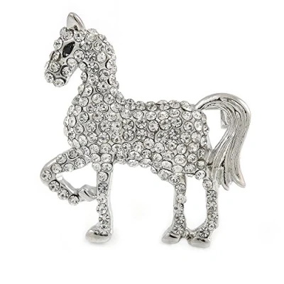 Image of Avalaya Small Clear Crystal Horse Brooch in Silver Tone Metal 40mm