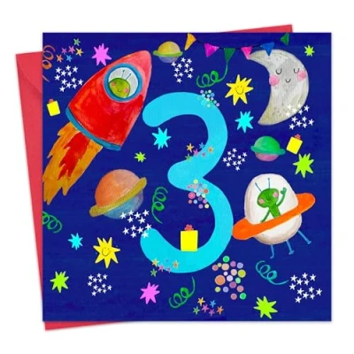 Image of Twizler 3rd Birthday Card for Boys Space Rocket Age 3 Happy Third Boy Son Year Old Childrens Grandson Three