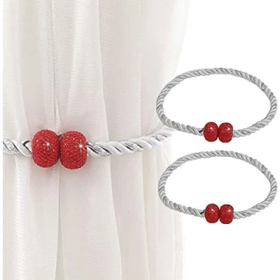 Image of Magnetic Curtain Tiebacks Crystal Drapery Tie Backs Weave Holder for Draperies Sheer Curtains 2 Packs Shining Decorative Holdbacks Clips Bedroom Living Room Window Treatments (Red)