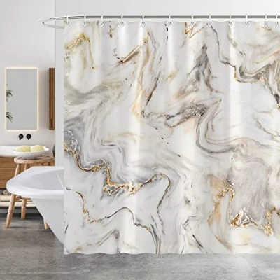Image of Minicoco Shower Curtain Mould Proof Mildew Resistant Bathroom Curtains Waterproof 100% Polyester Marble with 12 Hooks, 180 x cm (Marble)