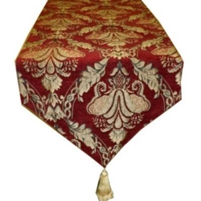 Image of Shiraz Table Runner Burgundy Red and Gold Embroidered Damask Jacquard Non Slip Lining Tasselled 100% Polyester 33 x 230cm (13&quot; 91&quot; inches) Made by Riva Paoletti Designed in the UK