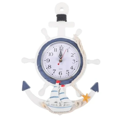 Image of WINOMO Beach Themed Decor: Anchor Clock Mediterranean Style Sea Theme Nautical Ship Wheel Rudder Steering Decor Wall Hanging Decoration