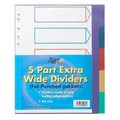 Image of Tiger A4 multicoloured polypropylene 5 part dividers for filing x 1 set