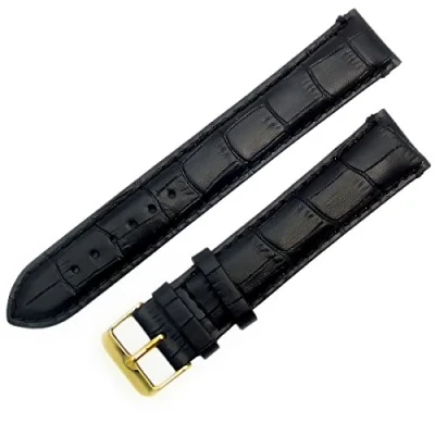 Image of Super Long XXL Padded Croc Grain Genuine Leather Watch Strap band 22mm Black Gilt (Gold Colour) Buckle