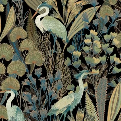 Image of Grandeco Tropical Crane Navy Textured Wallpaper
