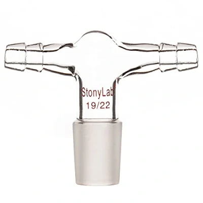 Image of stonylab Glass Dual Hose Inlet Adapter, Borosilicate T Shape Vacuum/Inert Gas Adapter with 3/8 inch Connections and 19/22 Inner Joint
