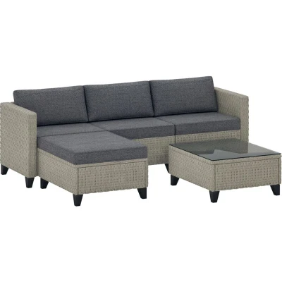 Image of Outsunny 5 Pieces PE Rattan Garden Furniture Set, 4 Seater Corner Sofa Set with Glass Coffee Table, Wicker Outdoor Cushions for Patio Deck, Dark Grey