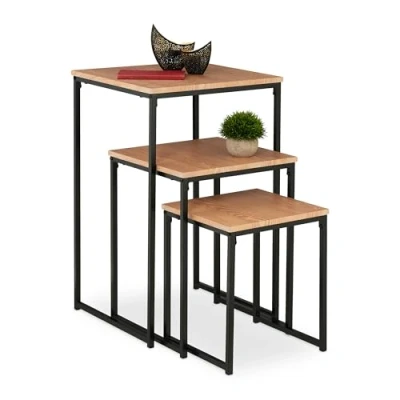 Image of Relaxdays Side Table Set of 3, Stackable, 3 Sizes, Coffee Counter, Square, Metal, Living Room Decor, Light Brown/Black, Iron, 76 x 46 cm