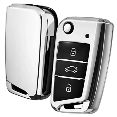 Image of OATSBASF Car Key Cover Compatible with VW,Car Case for VW Golf 7 Polo Skoda Seat TPU Silicone 3 Buttons Box (Silver)