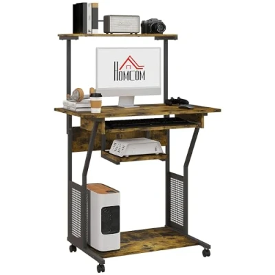 Image of HOMCOM Mobile Computer Desk with Keyboard Tray, Rolling Study Table Storage Shelves and Wheels, Industrial Writing for Home Office, 80 x 50 130cm, Rustic Brown