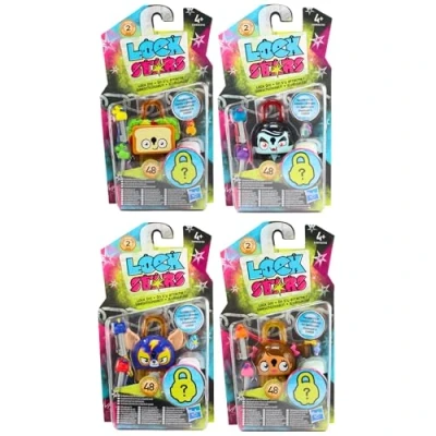 Image of Hasbro Lock Stars Series 2 Collectible Miniature 7cm Toy Figure On Clip with Accessories Pack of 4, Set 1 Sandwich, Vampire, Dog Wrestler, &amp; Cavewoman