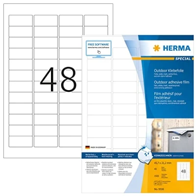 Image of HERMA Self Adhesive Film Labels, 48 Labels per A4 Sheet, 40 Sheets, 45.7 x 21.2 mm, 1920 Blank Weatherproof Stickers, Sticky for Laser &amp; Inkjet Printer, White