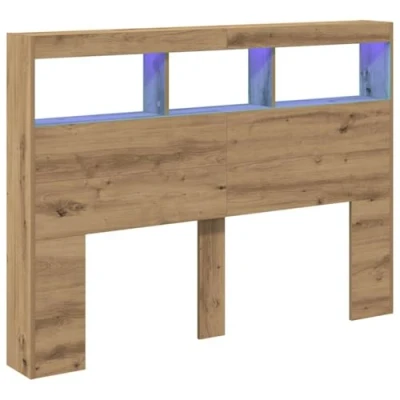 Image of vidaXL Headboard Cabinet with LED in Artisan Oak 140x17x102 cm Engineered Wood RGB Lights and Storage