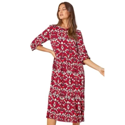 Image of Roman Womens Abstract Print Tiered Smock Midi Dress Red Size 10 UK