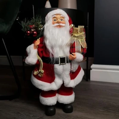 Image of 40cm Red Standing Santa Claus Indoor Decoration with Present and Green Sack