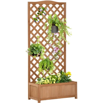 Image of Outsunny 53L Garden Wooden Planter Box with Trellis Free Standing Flower Raised Bed Lattice for Climbing Plants, 76cm x 36cm 170cm, Brown