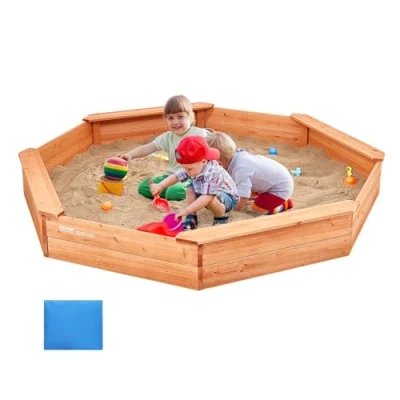 Image of VEVOR Wooden Sandbox with Cover, 75.6 x 9.1 in Octagonal Sand Box, Pit 4 Seating and Bottom Liner, Kids for Outdoor Backyard, Beach, Park, Gift Boys Girls Ages 3 12