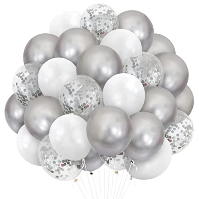 Image of White Silver Balloons, 30 Pack 12 Inch Pearl Balloon Metallic Confetti Helium Latex Balloons for Birthday Baby Shower Valentines Day Wedding Anniversary Graduation Party Decorations