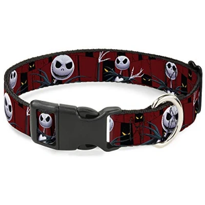 Image of Buckle Down Plastic Clip Collar Nightmare Before Christmas 3 Jack Poses/Peeping Eyes Burgundy/Black/Yellow 1.5&quot; Wide Fits 18 32&quot; Neck Large