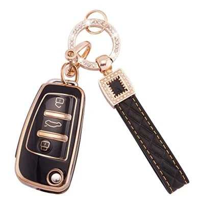 Image of Koaudb Car Key Fob Cover Fit for Audi A1 A3 A4 A6 A8 Quattro Q3 Q7 S3 S6 RS3 RS6 R8 TT TTS 3 Buttons Flip Case Soft TPU Shells with Leather Keychain Lanyard Black Gold (BP Ad 3)