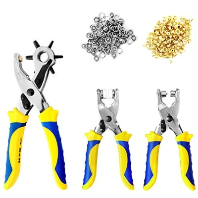 Image of S&amp;R Hole punch Pliers Set: Revolving plier + Eyelet Pleir Snap Button with 100 eyelets and 25 buttons for repairing belts fabric, leather, belts, plastic, acrylic, canvas.
