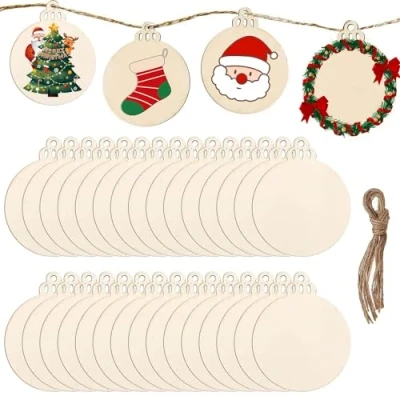Image of DRERIO 50 Pieces Round Wooden Baubles Christmas Hanging Embellishments Wood Slice Natural Ornaments Blank with String for Xmas Tree Decoration DIY Crafts