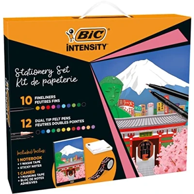 Image of BIC Intensity Stationery Set, 12 Colouring Felt Tip Pens with Dual Tips, 10 Fineliners, 1 Notebook Washi Tape and Sticky Notes, School Supplies, 25 Pack