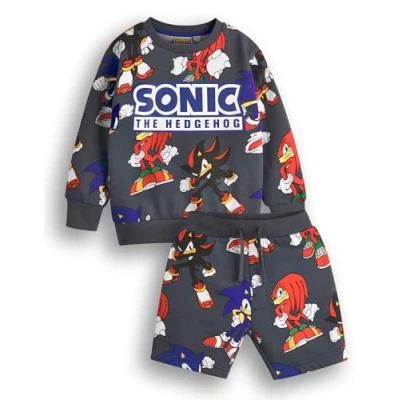 Image of SONIC THE HEDGEHOG Boys Sweatshirt &amp; Shorts Set Kids All Over Print Graphic Sweater with Matching Bottoms Shadow Knuckles Apparel Outfit for Gamers Daywear Gaming Character Merchandise Gift
