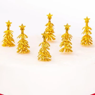 Image of Christmas Cake Decoration Yule Log Cupcake Toppers Gold Fir Trees Pack of 6