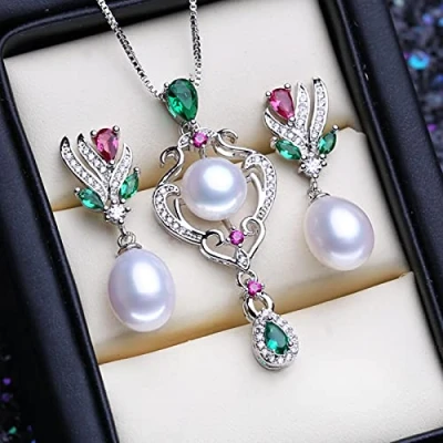 Image of LOKILOKI 925 Sterling Silver Natural Freshwater Pearl Jewelry Sets For Women Ruby Emerald Earrings Pendant Necklace