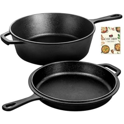 Image of Overmont Pre Seasoned 3L/3.2 quart Cast Iron Combo Cooker with Lid,2 in 1 Cookbook Recipe,3L Dutch Oven, 1.4L Skillet, Grill Griddle Works on Baking,Camping,Stovetop &amp; Oven