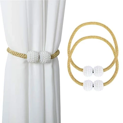 Image of Magnetic Curtain Tie Backs, Clips Rope Holder Buckles Small Bead Buckle Holders for Home Office Hotel Window Decoration (2 PACK, Gold)