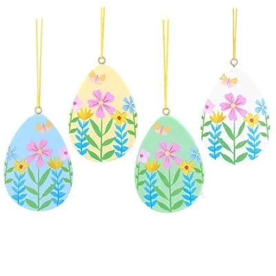 Image of Gisela Graham Pastel Flowers Multi Coloured Egg Wood Easter Decorations set of four