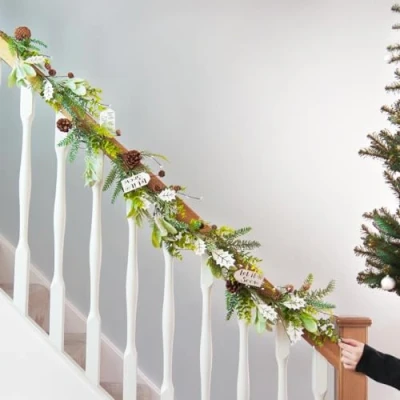 Image of Festive Lights 1.5m Green Foliage Let It Snow Artificial Christmas Garland Decoration Indoor Holiday Mantelpiece, Staircase, and Wall Decor with Mistletoe Pinecones Winter Home
