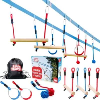 Image of Double Ninja Slackline Obstacle Course for Kids 80 Foot Line Monkey Bars Playground Equipment Warrior with Ropes Patented Design